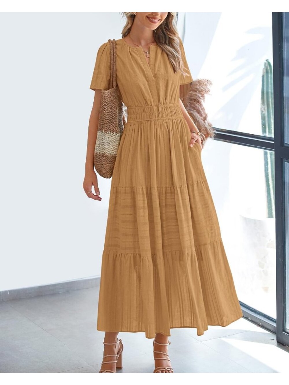 Women’s Khaki Sleeveless Maxi Dress Summer Beach Sundress with Pockets - Picture 2 of 6